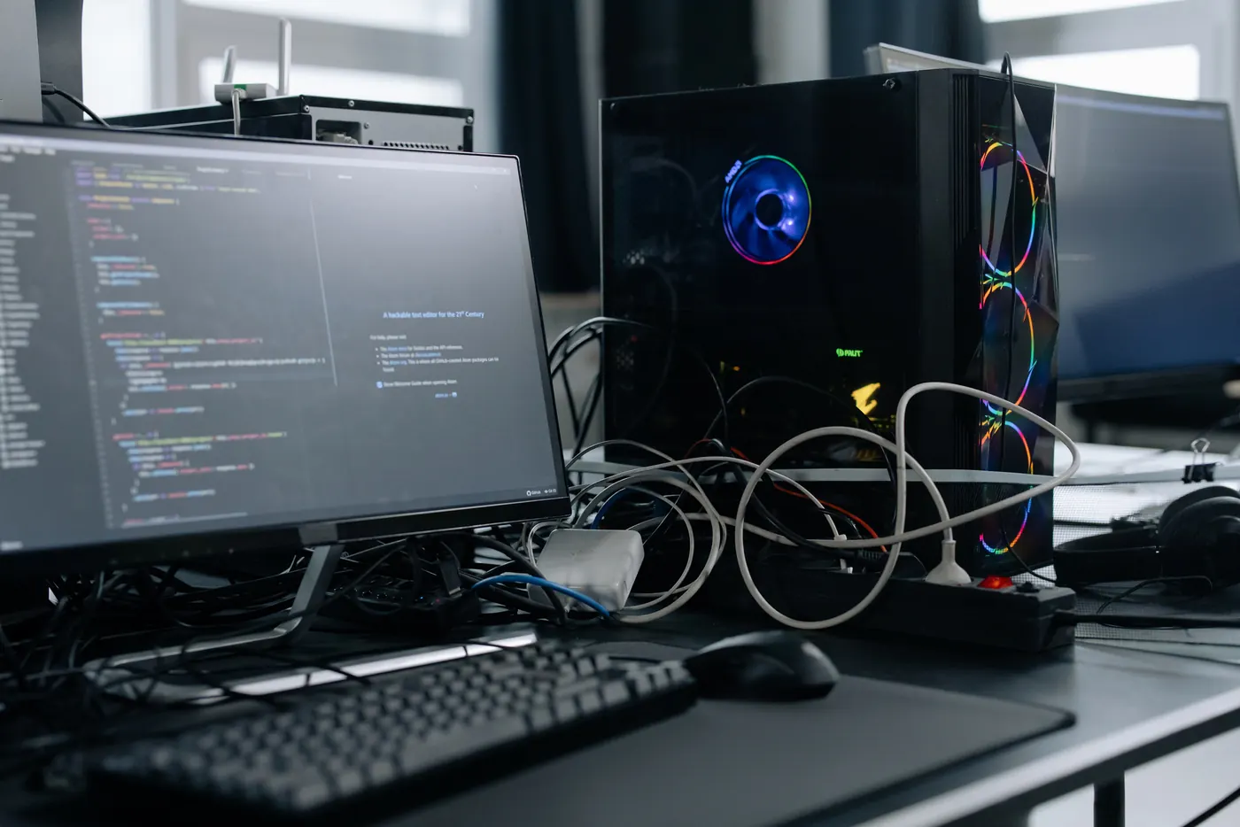 Developer workstation with code on screen