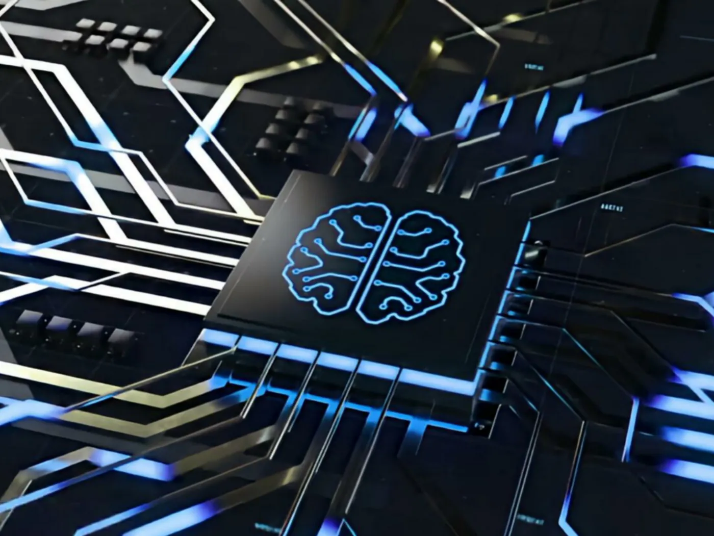 Circuit board with a glowing brain-shaped AI chip